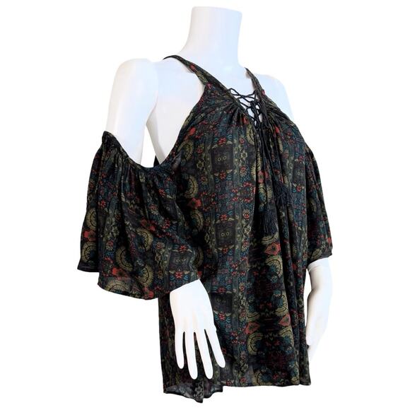 Sea Gypsies Floral Lace Up Cold Shoulder Top SZ L $69 - Picture 9 of 11
